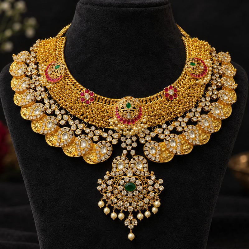 Grand Gold Polki Mango Necklace with Emerald, Ruby & Pearl Details