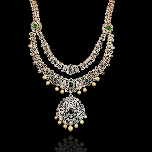 2 Line Heavy Bridal Pearl Hanging Necklace with Diamond Look