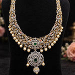 Emerald Pearl Diamond Floral Necklace in Gold Finish for Bridal Wear
