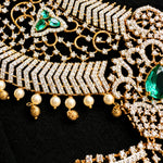 Grand Bridal Tussi Necklace with Emerald Stones and Pearl Drops