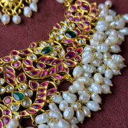 South Indian Ruby Emerald Kundan Necklace with Rice Pearls