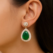 Elegant Teardrop Emerald Look Earrings with CZ Diamond Halo in Gold Polish