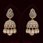 Bridal CZ Diamond Look Pearl Drop Jhumkas in Gold Plated Silver