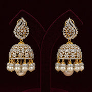 Bridal CZ Diamond Look Pearl Drop Jhumkas in Gold Plated Silver