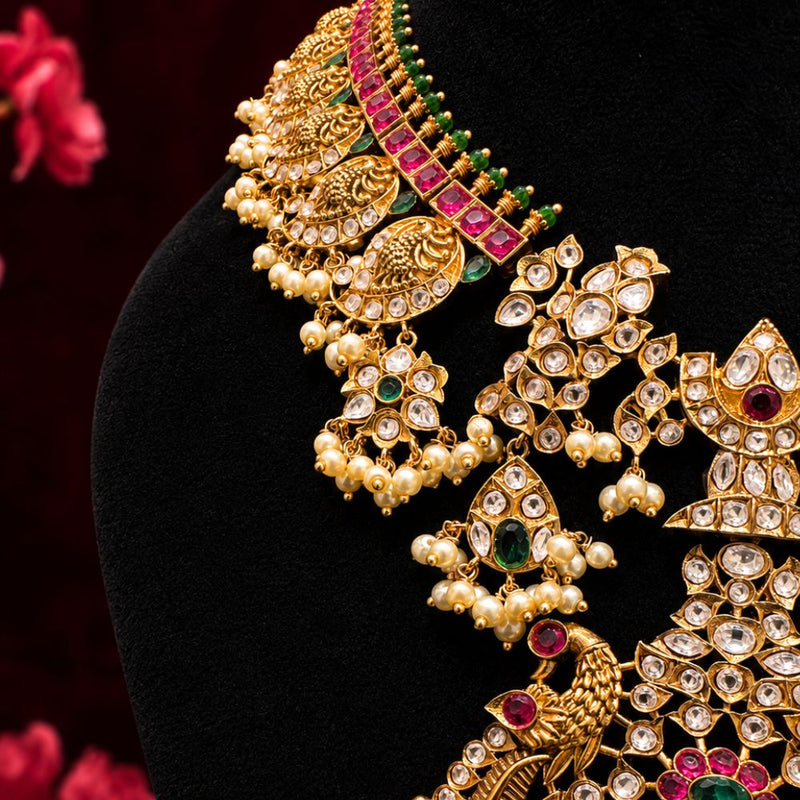 Peacock Kundan Necklace with Pink & Green Stones and Pearls