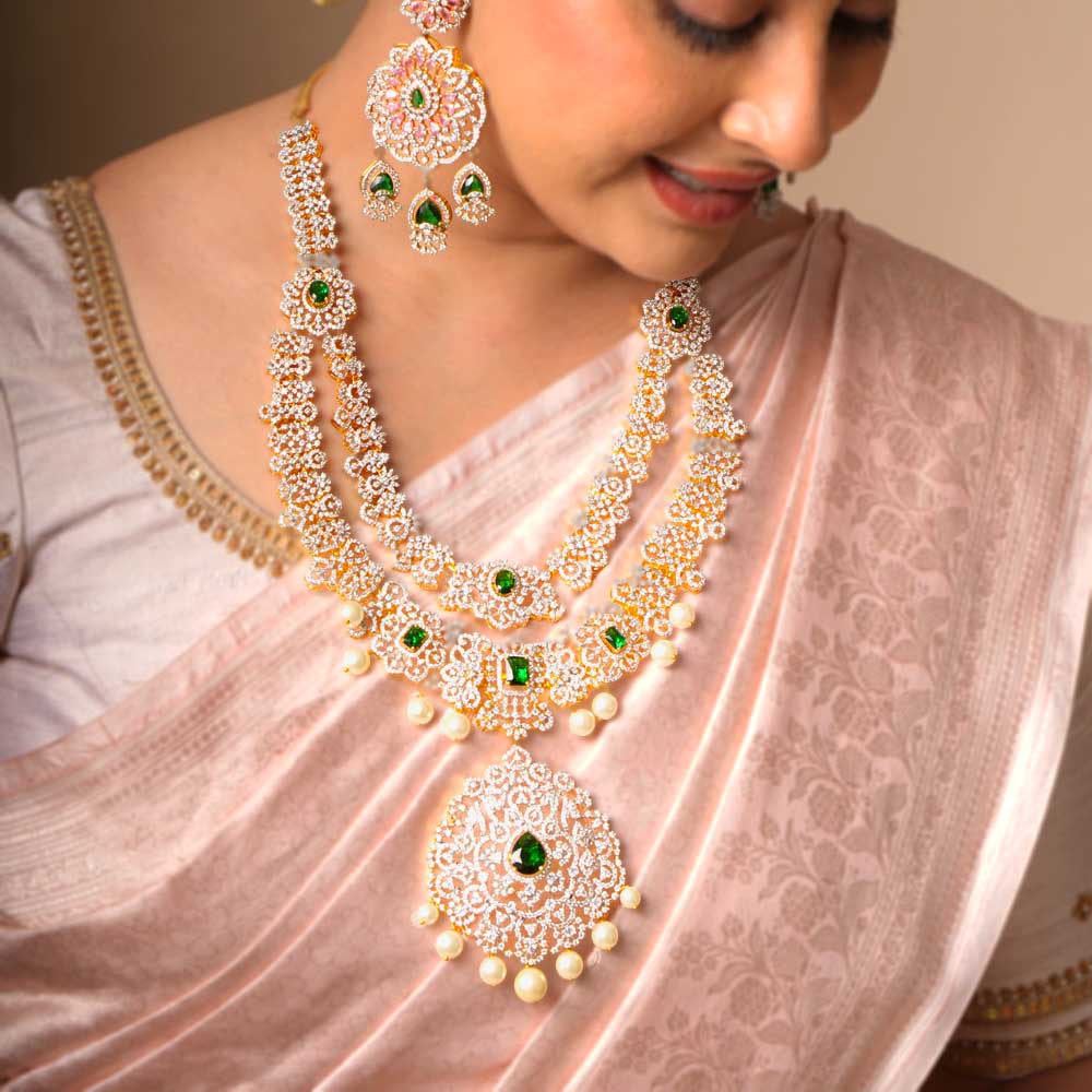 2 Line Heavy Bridal Pearl Hanging Necklace with Diamond Look
