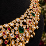 Temple Kundan Necklace with Ruby Emerald Stones & Pearl Drops