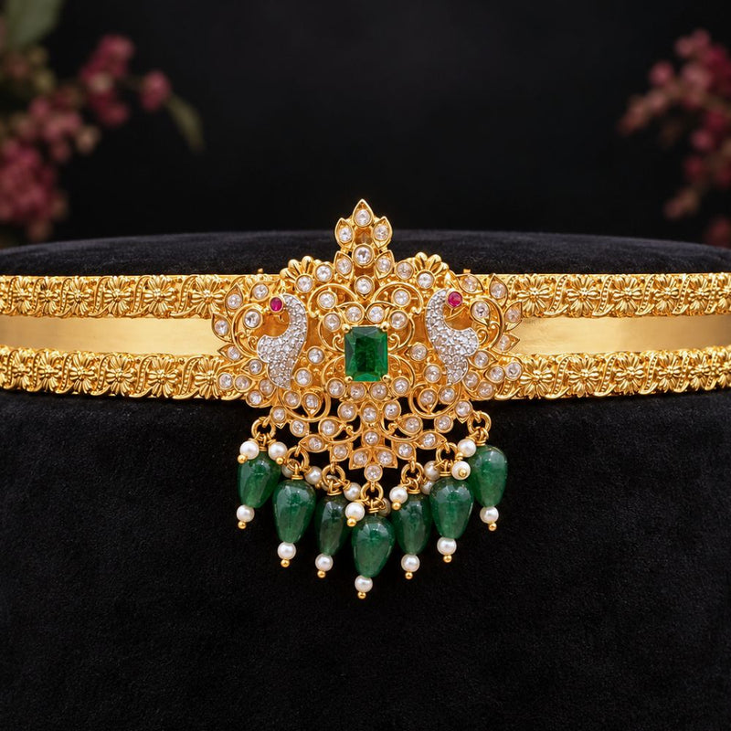 Peacock Emerald Stone Traditional Vaddanam Hip Belt with Pearls