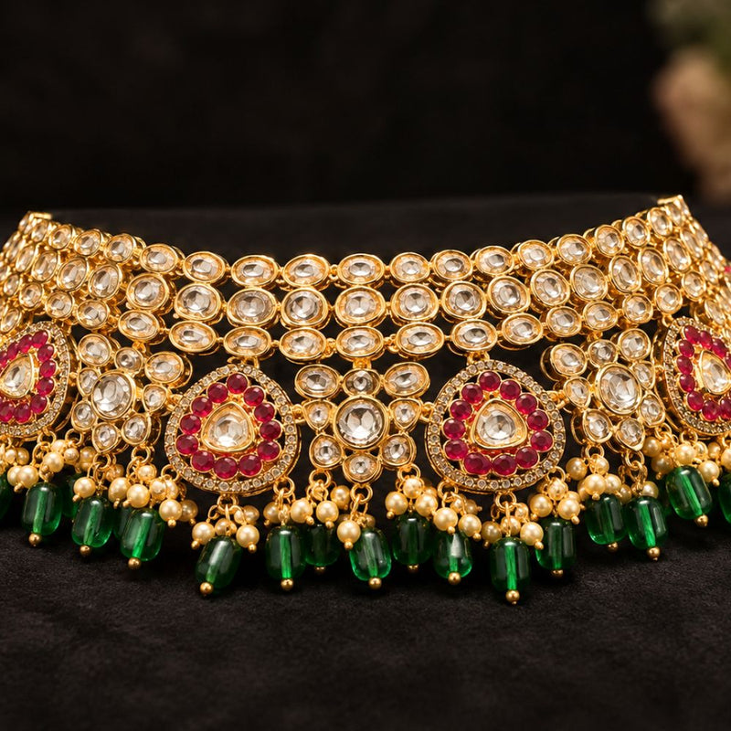 Polki Ruby Choker Necklace with Emerald Drops & Pearl Detailing
