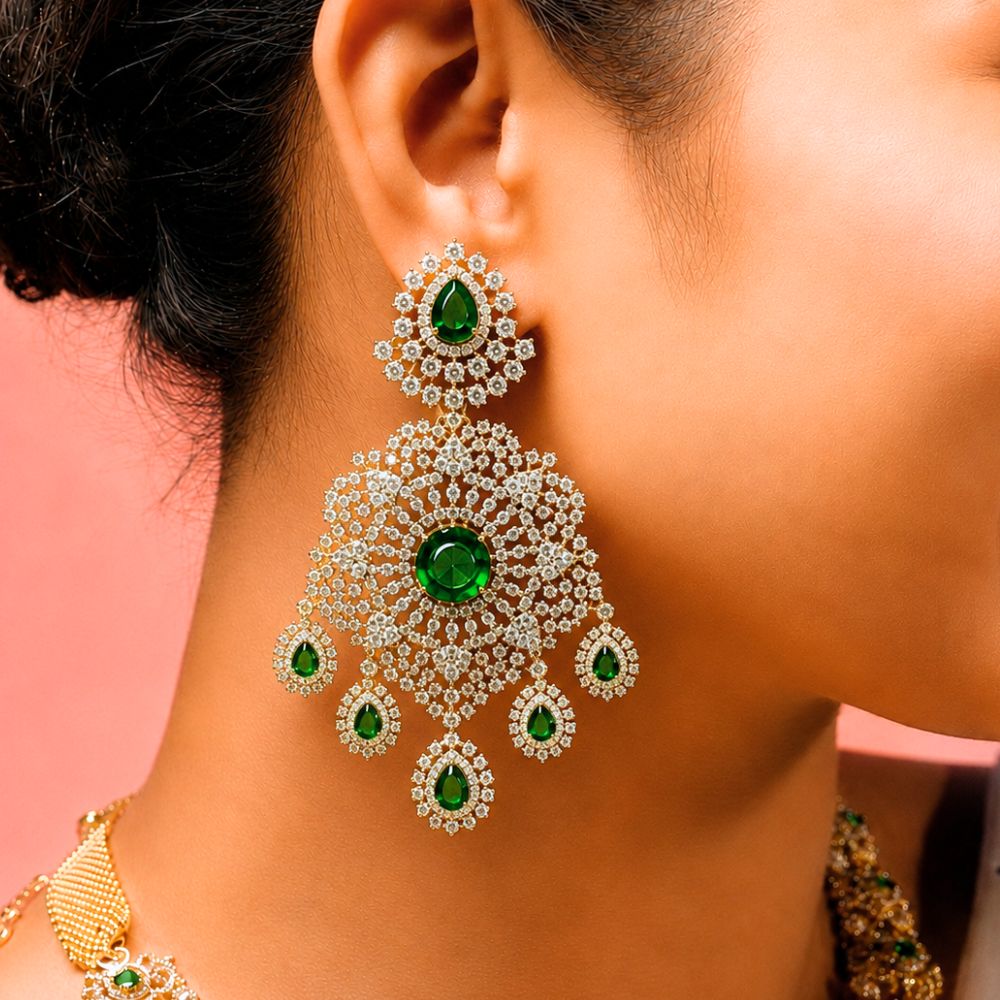 Statement Emerald Diamond Look Bridal Earrings in 92.5 Silver