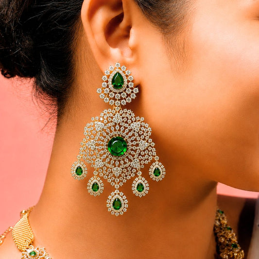 Statement Emerald Diamond Look Bridal Earrings in 92.5 Silver