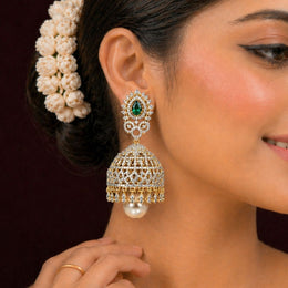 Bridal Emerald CZ Diamond Look Jhumka Earrings in 925 Silver Gold Polish