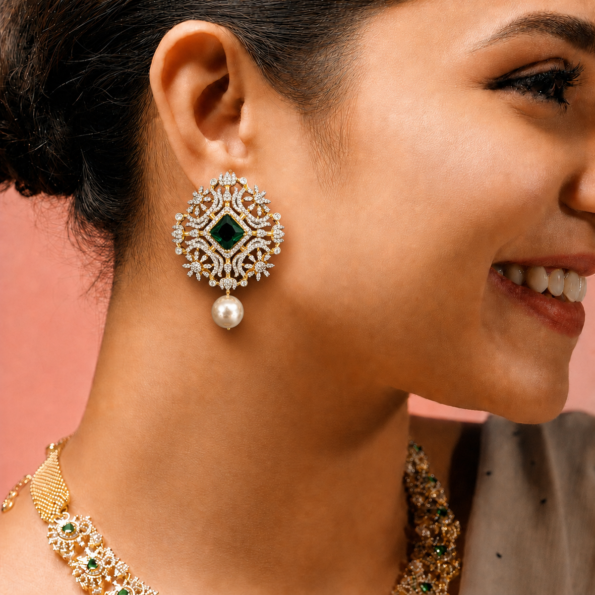 Statement Large Square Stud Earrings With Pearl Drop
