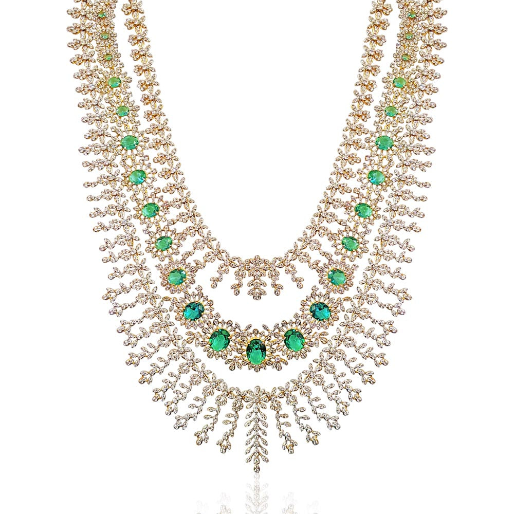 Long Necklace Haaram With Emerald CZ & Gold Polish
