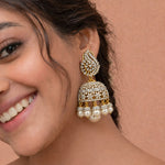 Bridal CZ Diamond Look Pearl Drop Jhumkas in Gold Plated Silver