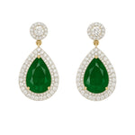 Elegant Teardrop Emerald Look Earrings with CZ Diamond Halo in Gold Polish