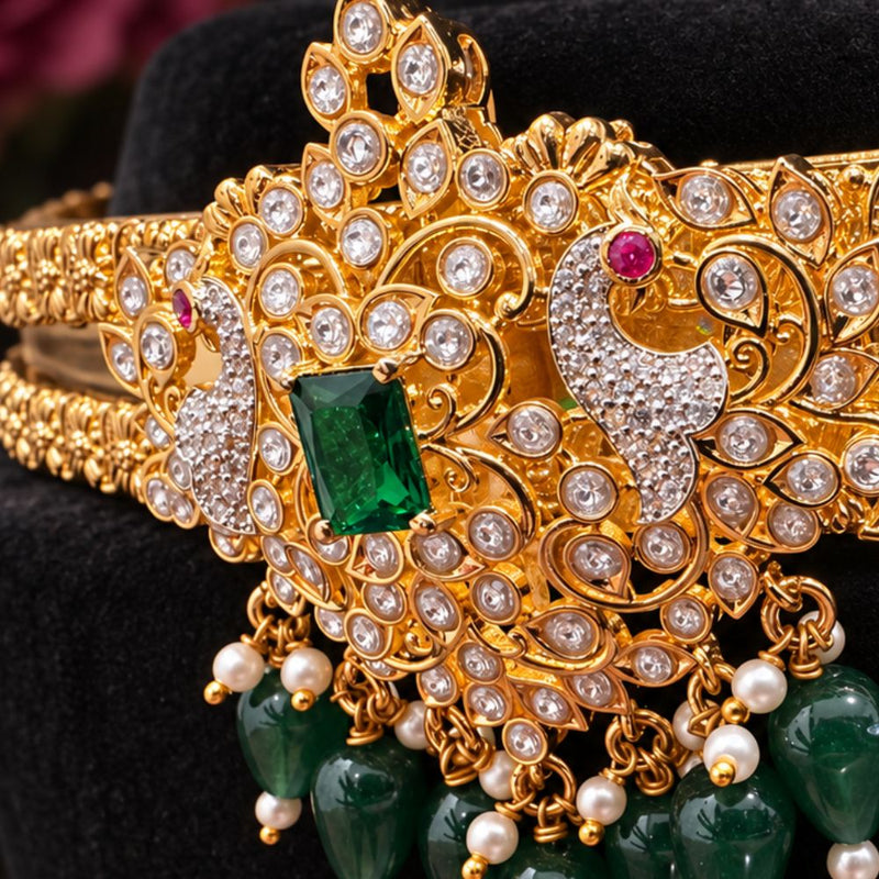 Peacock Emerald Stone Traditional Vaddanam Hip Belt with Pearls