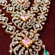 3 Line Diamond Look CZ Necklace + Earrings SET with Pink Sapphires
