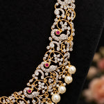 Emerald Pearl Diamond Floral Necklace in Gold Finish for Bridal Wear