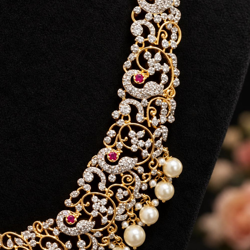 Emerald Pearl Diamond Floral Necklace in Gold Finish for Bridal Wear