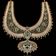 Grand Bridal Tussi Necklace with Emerald Stones and Pearl Drops