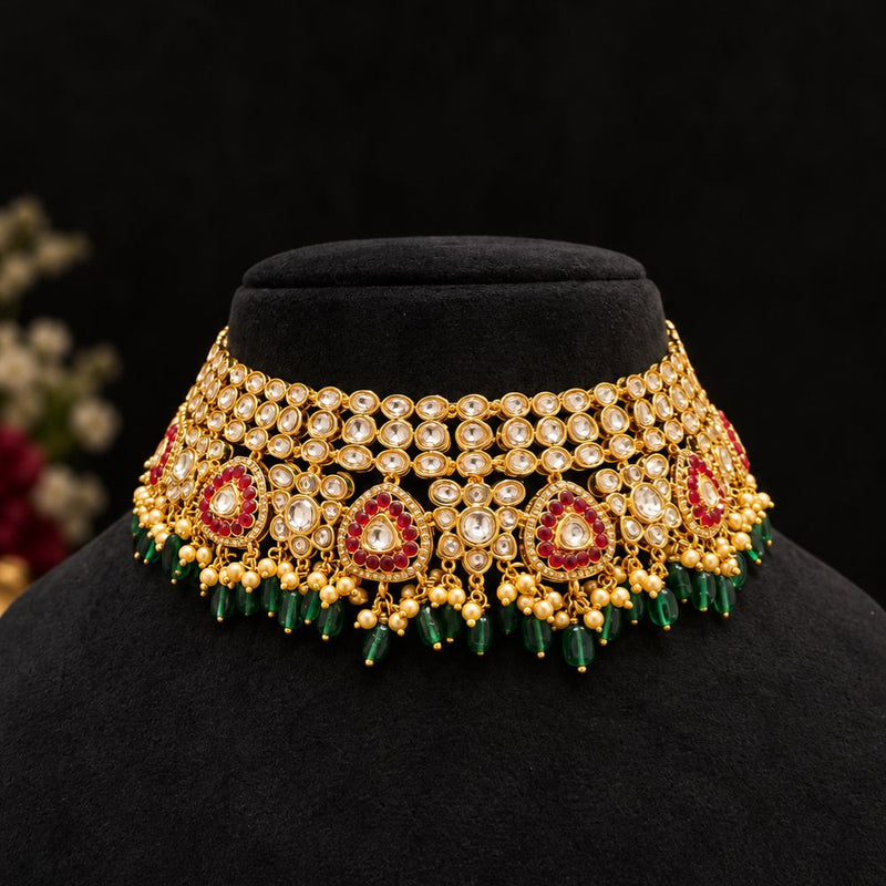 Polki Ruby Choker Necklace with Emerald Drops & Pearl Detailing