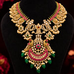 Peacock Kundan Necklace with Pink & Green Stones and Pearls