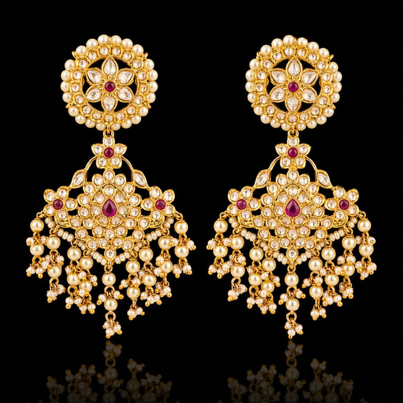 Traditional Bridal Polki Pearl Dangler Earrings with Ruby Stones