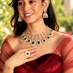 Emerald Diamond Look Pearl Choker Necklace + Earrings Set in Gold Polish 