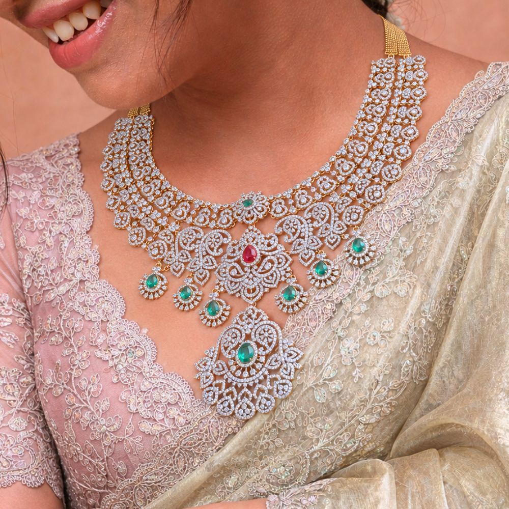 Heavy Diamond Look Emerald Ruby Bridal Necklace in 92.5 Silver
