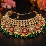 Polki Ruby Choker Necklace with Emerald Drops & Pearl Detailing