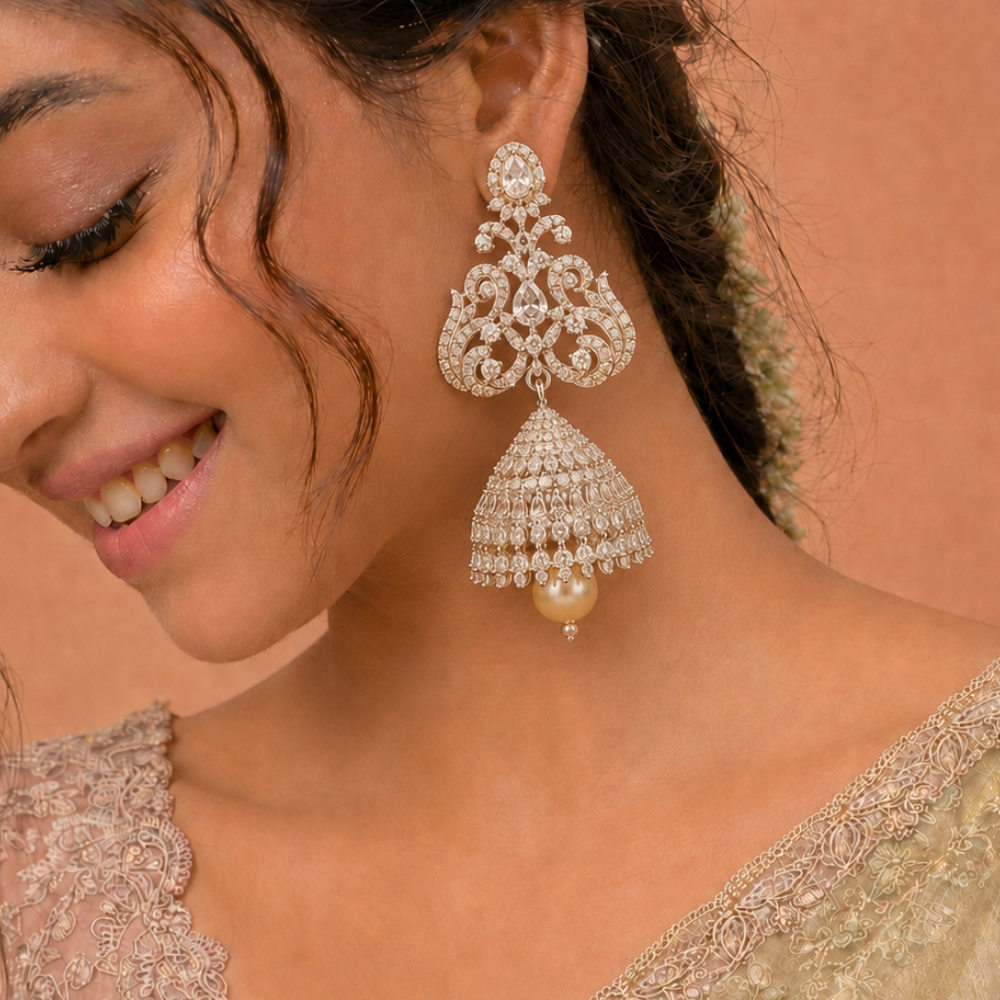 Grand CZ Diamond Jhumka Earrings in 925 Silver with Pearl Drop