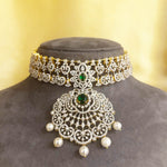 Detachable Emerald Diamond Look Bridal Choker with Pearls in Gold Polish