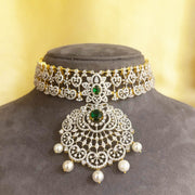 Detachable Emerald Diamond Look Bridal Choker with Pearls in Gold Polish