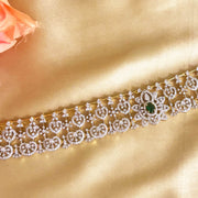 Detachable Emerald Diamond Look Bridal Choker with Pearls in Gold Polish