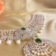 Detachable Emerald Diamond Look Bridal Choker with Pearls in Gold Polish