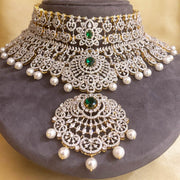 Detachable Emerald Diamond Look Bridal Choker with Pearls in Gold Polish