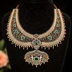 Grand Bridal Tussi Necklace with Emerald Stones and Pearl Drops