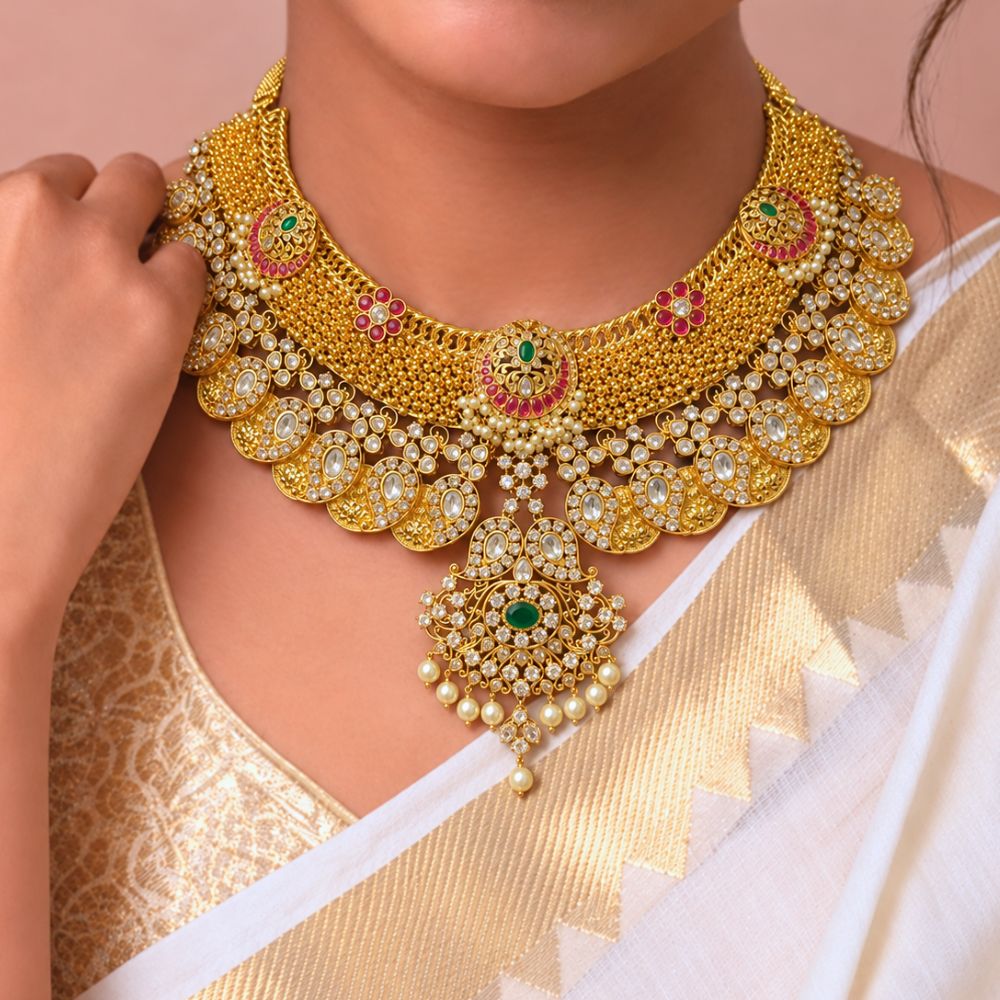 Grand Gold Polki Mango Necklace with Emerald, Ruby & Pearl Details