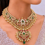 Temple Kundan Necklace with Ruby Emerald Stones & Pearl Drops