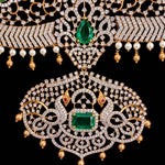 Grand Bridal Tussi Necklace with Emerald Stones and Pearl Drops