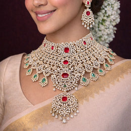 South Indian Bridal Detachable Choker with Ruby Emerald Diamond Look