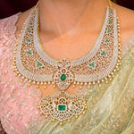 Grand Bridal Tussi Necklace with Emerald Stones and Pearl Drops