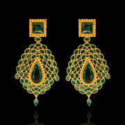 92.5 Pure Silver Green Stone-Studded Long Earrings Design