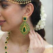 92.5 Pure Silver Green Stone-Studded Long Earrings Design