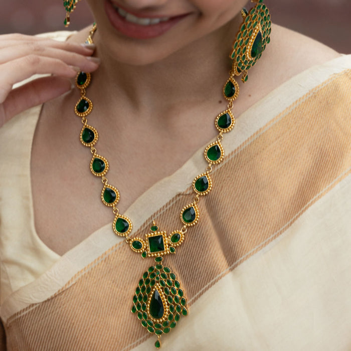 92.5 Pure Silver Green Stone-Studded Long Haram Necklace Design