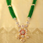 Amrapali – Green Beaded Kundan Pendant Necklace with Pearl Clusters in Gold-Plated Silver