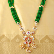 Amrapali – Green Beaded Kundan Pendant Necklace with Pearl Clusters in Gold-Plated Silver