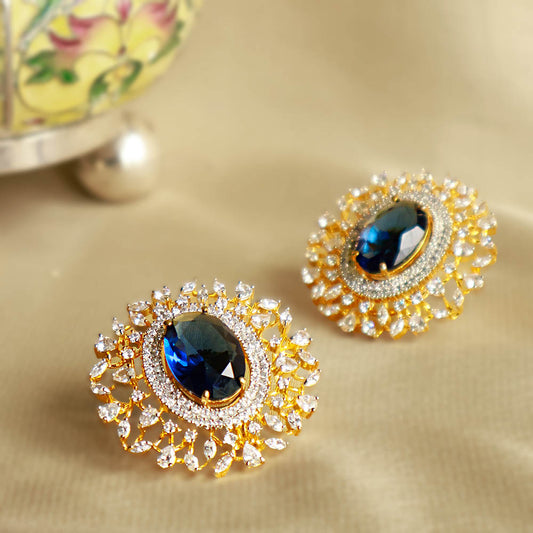 Ready to Ship - Blue Sapphire & Diamond Look Earrings Studs In 18Kt Yellow Gold Polish (Copy)
