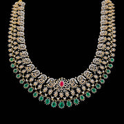 Bridal Diamond Look Necklace with Emerald Drops and Ruby Centerpiece